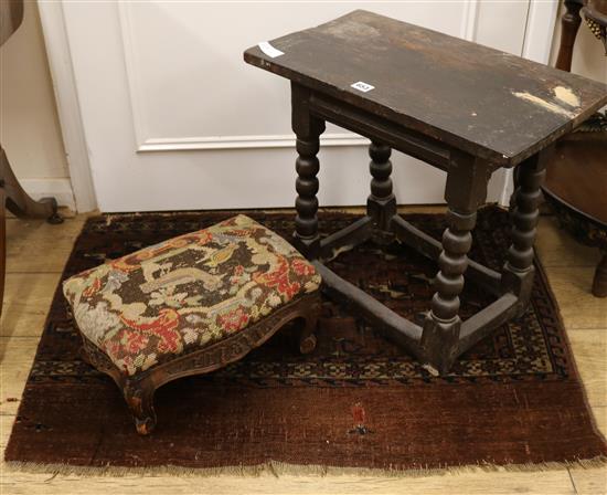A joint stool, a footstool and a rug stool W.53cm